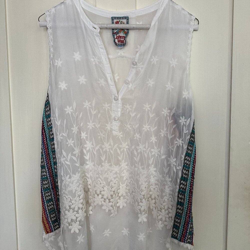 Johnny Was sheer white embroidered sleeveless blouse size S